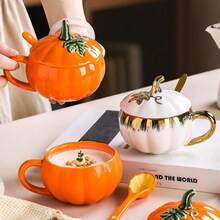 1pc 3D Pumpkin Shaped Ceramic Mug With Lid And Spoon, Autumn Thanksgiving Halloween Theme Coffee Cup, Holiday Home Desktop Decor Gift - Multicolor - View 5