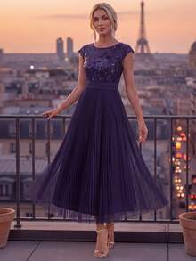 EVERPRETTY Women's Round Neck Ruched Tulle A Line Purple Wedding Guest Dress Suitable For Wedding Evening Formal Mother Of The Bride Dress - Purple - View 2