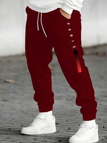 Plus Size Men's Burgundy Minimalist Vertical Stripe Paris Gradient Color Block Letter Print Drawstring Hem Sports Pants, Casual Mature Style Slimming Autumn - Burgundy - View 1