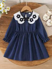 Autumn New Girls Toddler Imitation Denim Dress With Ruffled Collar, 3D Flower Bow, Long Sleeve, Sweet Versatile Loose Comfortable Breathable For School, Daily Wear And Outings - Blue - View 2