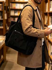 Men's Corduroy Tote Bag Large Capacity Casual Briefcase Multi-Pocket Shoulder Handbag For Work Office Commute Travel - Black - View 10