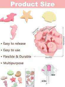 Multifunctional 7-Cavity Ocean Theme Mold, 3D Dolphin Seahorse Starfish Shell Conch Fish, Shell Outline Base, One-Piece Silicone Mold, Silicone, High Temperature Resistant, Oven And Freezer , Non-Stick Easy Release, Soft And Flexible, Reusable - Multicolor - View 6