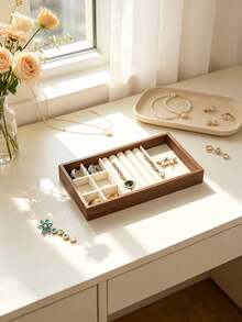 1pc Vintage Walnut Solid Wood Jewelry Storage Tray, Multi-Piece Set Combination Stackable, Cream Velvet Lining Anti-Scratch Anti-Oxidation, Vertical Earring Display Rack Ring Slot Tray Multi-Compartment Partition Plate Bracelet Large Compartment Plate Necklace Flat Tray, Classified Storage And Display, Premium Quality, Home Vanity Storage - Multicolor - View 5