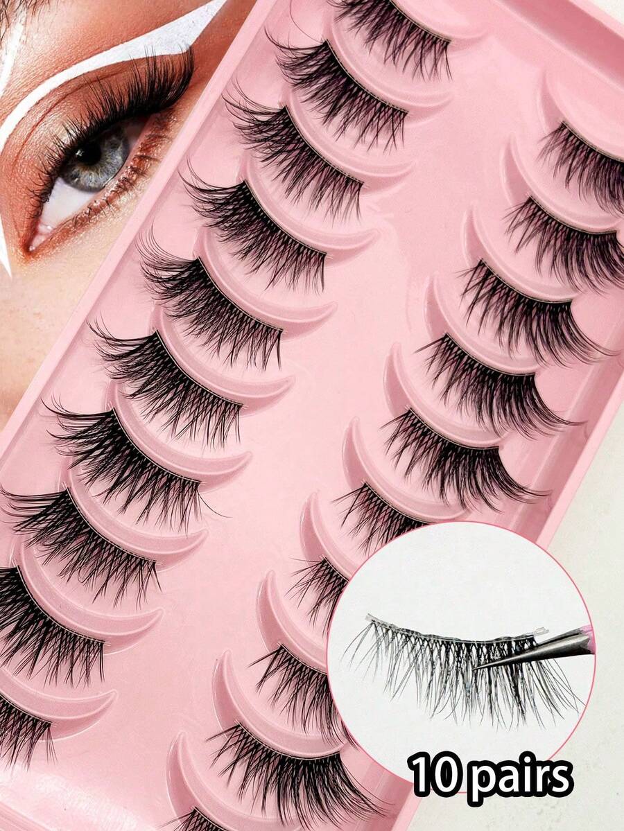 10 Pairs Of Natural Half Eye False Eyelashes, 3D Half Eyelashes, European And American Style Extended False Eyelashes, Extended Ends, False Eyelashes, Natural Enlarged Double Eyelashes, Waterproof And Sweat-Proof False Eyelashes - Multicolor - View 1