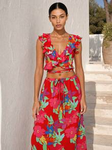 Dancing Leopard Holiday Co-Ord Set For Women, Tropical Print Ruffle Wrap Crop Top Flare Skirt, Summer Vacation Outfit, Holiday Outfit, Wedding Guest Outfit - Multicolor - View 1