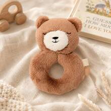 1pc Rabbit/Bear Plush Ring Rattle, Soft Cotton Handheld Rattle Toy With Satin Ruffle Edge And Ribbon Tag, Baby Tactile Sensory Toy, Portable Newborn Crib/Stroller Toy, 0-12 Months, Baby Shower Gift - Camel - View 2