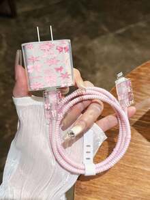 Pink Bow & Snowflake Girly Style Full Print Pattern Charger Cable Protector, Compatible With IPhone 14 Pro Max, Suitable For 18/20W Fast Charging Cable Winder, Anti-Breakage & Anti-Tangle Storage Protector, Gift For Boyfriend/Girlfriend, Compatible With IPhone 13/12/11 - Multicolor - View 1