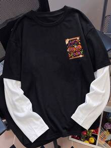 萬聖節 Y2K 復古美式辣妹風 長方形愛心眼南瓜圖案 假兩件式 T-shirt 日常秋季開學穿搭 - 黑色 - 查看 4