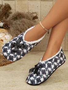 Comfortable All-Season Women's Indoor Slippers, Soft Lining, Houndstooth Bow Fleece Floor Shoes - Black - View 8