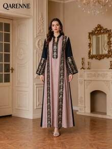 Dusty Pink Contrast Sequin Embroidered Kaftan Maxi Dress, Stand Collar Long Flare‑Sleeve Loose Floor‑Length Evening Robe - Pink - View 1