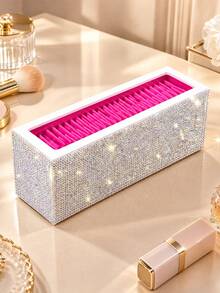 Two-Tone, Multicolored Rhinestone Finish-Rectangular Makeup Brush Organizer-Cosmetics Storage Box With Adjustable Compartments For Makeup And Nail Care Tools-Ideal For Placement On A Bedroom Vanity Or Similar Settings - Multicolor - View 13