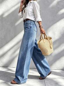 Women's Casual Elegant Denim Wide Leg Pants, Button Decor, Long Length, Mid-Stretch Fabric, Suitable For Spring And Autumn Daily Wear - Medium Wash - View 5