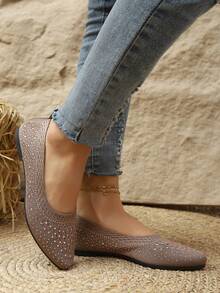 Khaki Rhinestone Low Vamp Slip-On Low Heel Breathable Casual Mom Shoes For Women Autumn Commute - Khaki - View 4
