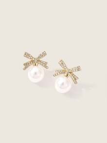 Valisandre Rhinestone Bow & Faux Pearl Design Stud Earrings - Multicolor - View 3