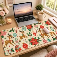 1pc Cute Christmas Reindeer Poinsettia And Candy Cane Print XL Mouse Pad, Festive Keyboard Desk Mat, Holiday Desk Decor Gift - View 4