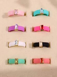 7-1pc/Set Fashionable Luxurious Personalized Minimalist High-End Elegant Unique Exquisite Square Colorful Zirconia Silicone Rings For Women Daily Wear Holiday Party Jewelry - Multicolor - View 4
