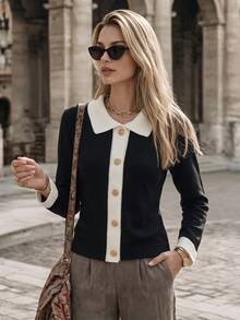NiceArt Women's Autumn/Winter Vintage Black Contrast Collar Knit Cardigan, Lapel Button Front Long Sleeve Sweater, Suitable For Autumn Outfits, Halloween - Black - View 4