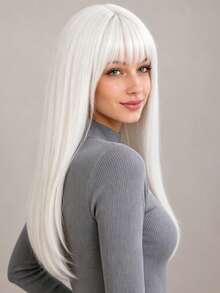 24 Inch White Bangs Women's Wig, Natural Voluminous, Fashionable And Elegant, Suitable For All Women's Daily Wear And Party Events,Halloween - White - View 3