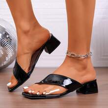 Black Square Toe Chunky Heel Mule Sandals, Glossy Transparent Cross Strap Open Toe Mid-Heel Versatile Dress Shoes, Suitable For Dresses, Jeans, Skirts And Various Occasions - Black - View 4