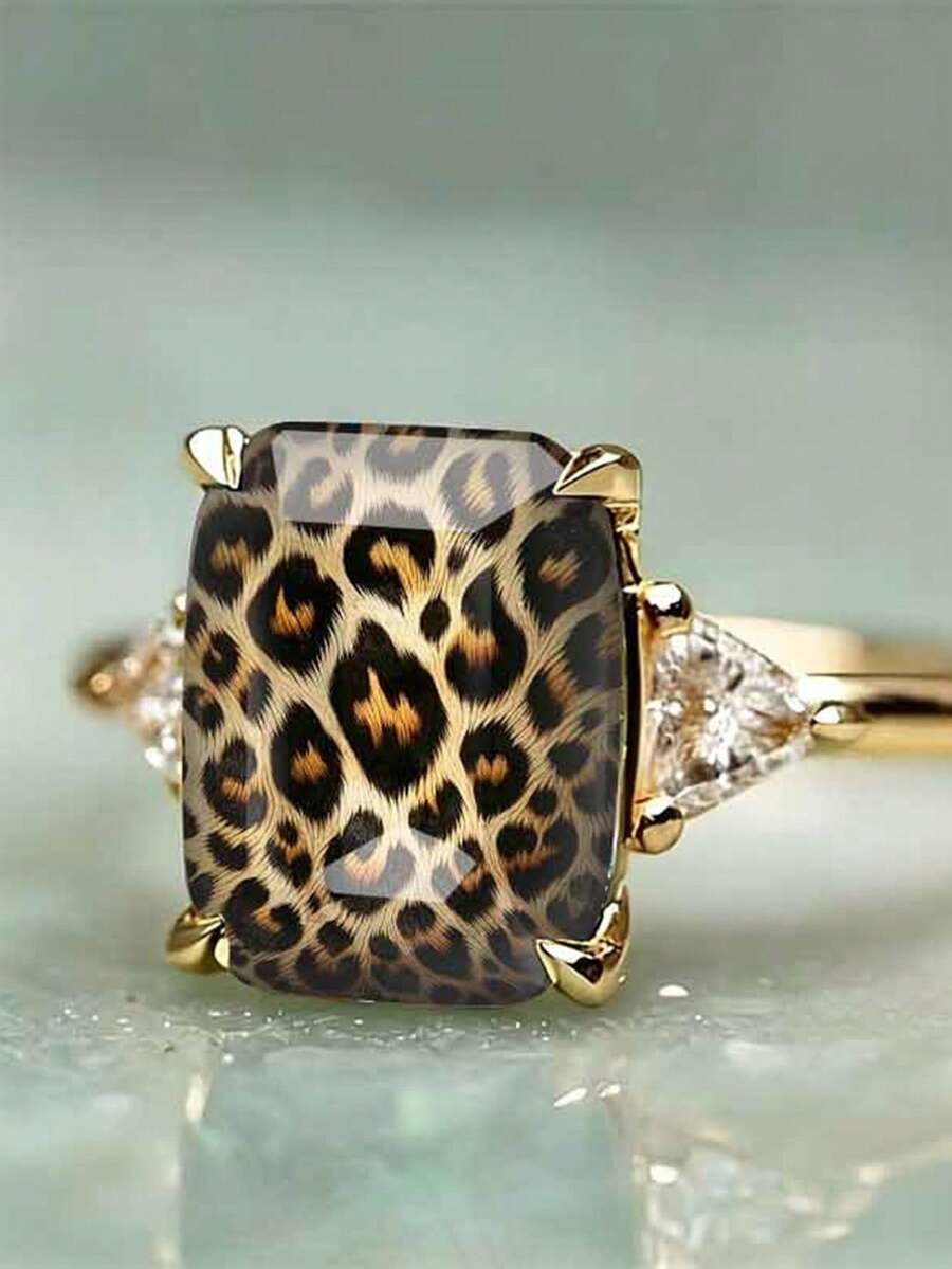 1pc Leopard Print Design Ring, Gold Luster CZ Inlaid Vintage Animal Pattern, Suitable For Women's Daily Wear And Party Occasions, Great Gift For Her - Gold - View 1
