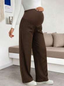 Elegant Black Ribbed Wide Leg Pants For Pregnant Women, Comfortable Medium Stretch Knit Long Pants With Button Detail Design, Suitable For Autumn Wear - Brown - View 6