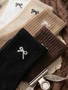 5 Pairs Kids Maillard Color Palette Bowknot Minimalist Small Pattern Autumn Winter All Season High Elastic Mid-Calf Sports Solid Color Socks - Multicolor - View 3