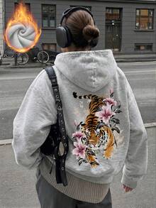 女款秋冬新款極簡時尚虎紋印花休閒百搭保暖內裡衛衣 - 深花灰 - 查看 9