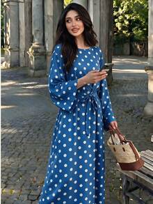 Polka Dot Long Dress With Flared Sleeves And Waist Tie Abaya, Suitable For Daily Wear - Multicolor - View 23