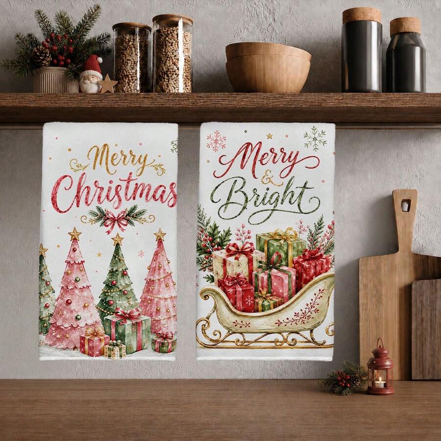 2pcs Pink Christmas Tree & Sleigh Pattern Kitchen Towels, Watercolor Style, Rectangular Microfiber Kitchen Towels, Dish Cloths, Scouring Pads, Hand Towels, Cooking & Baking Tea Towels, Christmas Kitchen Decor, Housewarming Gift, Birthday Gift, Bathroom Cleaning Cloths, Decorative Towels - Pink - View 1