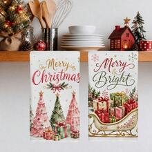 2pcs Pink Christmas Tree & Sleigh Pattern Kitchen Towels, Watercolor Style, Rectangular Microfiber Kitchen Towels, Dish Cloths, Scouring Pads, Hand Towels, Cooking & Baking Tea Towels, Christmas Kitchen Decor, Housewarming Gift, Birthday Gift, Bathroom Cleaning Cloths, Decorative Towels - Pink - View 7
