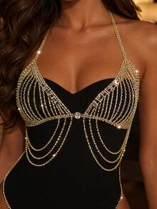 Glamorous Exaggerated Large Rhinestone Tassel Body Chain Jewelry Set, Sexy Sparkling Tassel Bikini Body Jewelry, Beach Party Bra Chain, Valentine's Day Accessory - Gold - View 2