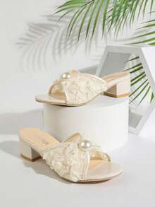 1 Pair Women's High Heel Sandals Lace Flower Pearl Chunky Heel Slide Sandals Open Toe Mule Shoes Heel Height 4.5cm - Beige - View 6