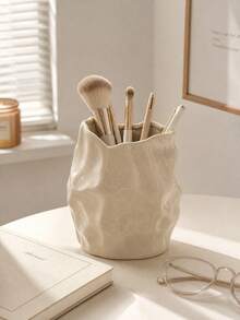 1pc Asymmetrical Wavy Vanity Storage Box, Cream Color Makeup Brush Holder & Desktop Organizer, Glossy Toothbrush Cup, Aesthetic Bathroom Countertop Accessory, Vanity Organizer, Wavy Desktop Decor, Cream Color Bathroom Decoration - 1pc - View 6