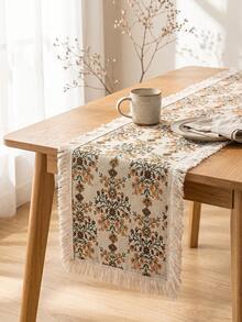 1pc Golden Sunflower Pattern Table Runner, Vintage Country Style Woven Fabric, Long Rectangular Shape With White Tassel Edge Detail, Decorative Functional Table Runner For Autumn Dining Table Decor And Country Home Decor - Yellow - View 4