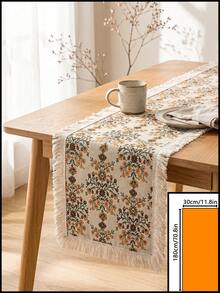 1pc Golden Sunflower Pattern Table Runner, Vintage Country Style Woven Fabric, Long Rectangular Shape With White Tassel Edge Detail, Decorative Functional Table Runner For Autumn Dining Table Decor And Country Home Decor - Yellow - View 11