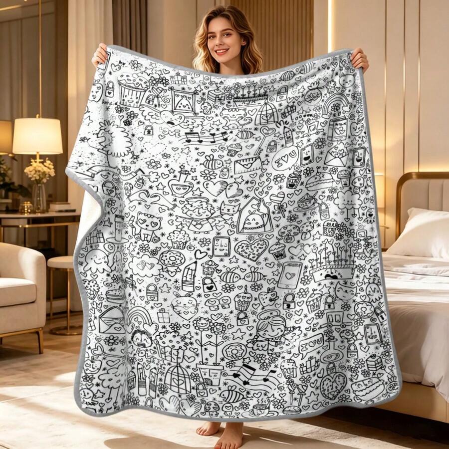 1pc Colorable Stress-Relief Blanket | Healing Black And White Doodle ...