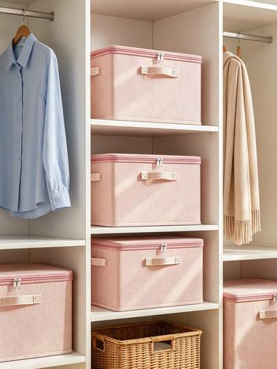 1pc Linen-Style Fabric Storage Box With Lid, Foldable Polyester Fiber Storage Bin With Reinforced Handles, Dust-Proof PE Lining Organizer Box For Clothes, Bedding, Miscellaneous Items, Closet Bedroom Home Storage Container