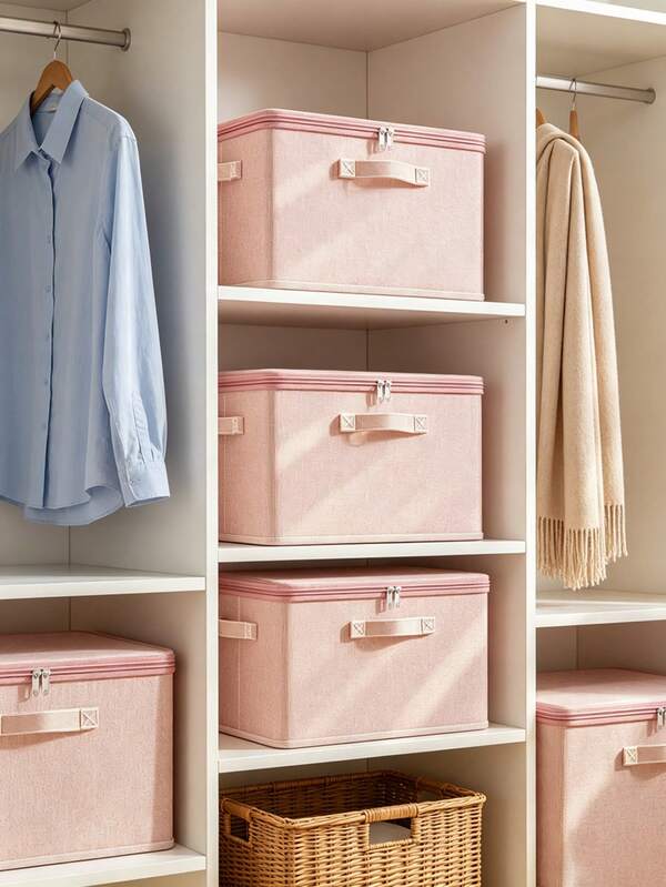 1pc Linen-Style Fabric Storage Box With Lid, Foldable Polyester Fiber Storage Bin With Reinforced Handles, Dust-Proof PE Lining Organizer Box For Clothes, Bedding, Miscellaneous Items, Closet Bedroom Home Storage Container