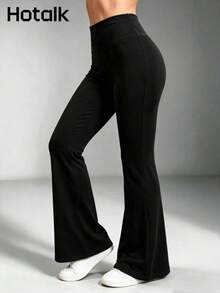Hotalk Women's Solid High-Waist Daily Fitness Flared Sport Leggings - Black - View 2