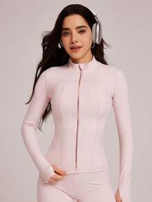 VUTRU 1pc Women's Fitted Sports Jacket With Thumb Hole, Suitable For Running, Yoga Spring - Baby Pink - View 8