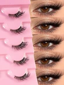 5 Pairs Fluffy Natural Eye-Enlarging Thick False Eyelashes, Curly 3D Natural Fake Lashes, Suitable For Holiday Parties, Vacation, Halloween, Christmas, Cat Eye Lashes - Black - View 2