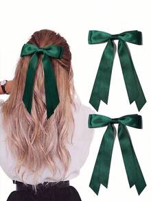 2Pcs Green Satin Hair Bows For Women Girls Silk Long Ribbon French Barrette Clip Girls Ponytail Hair Accessories Cutecore Fall - Dark Green - View 1