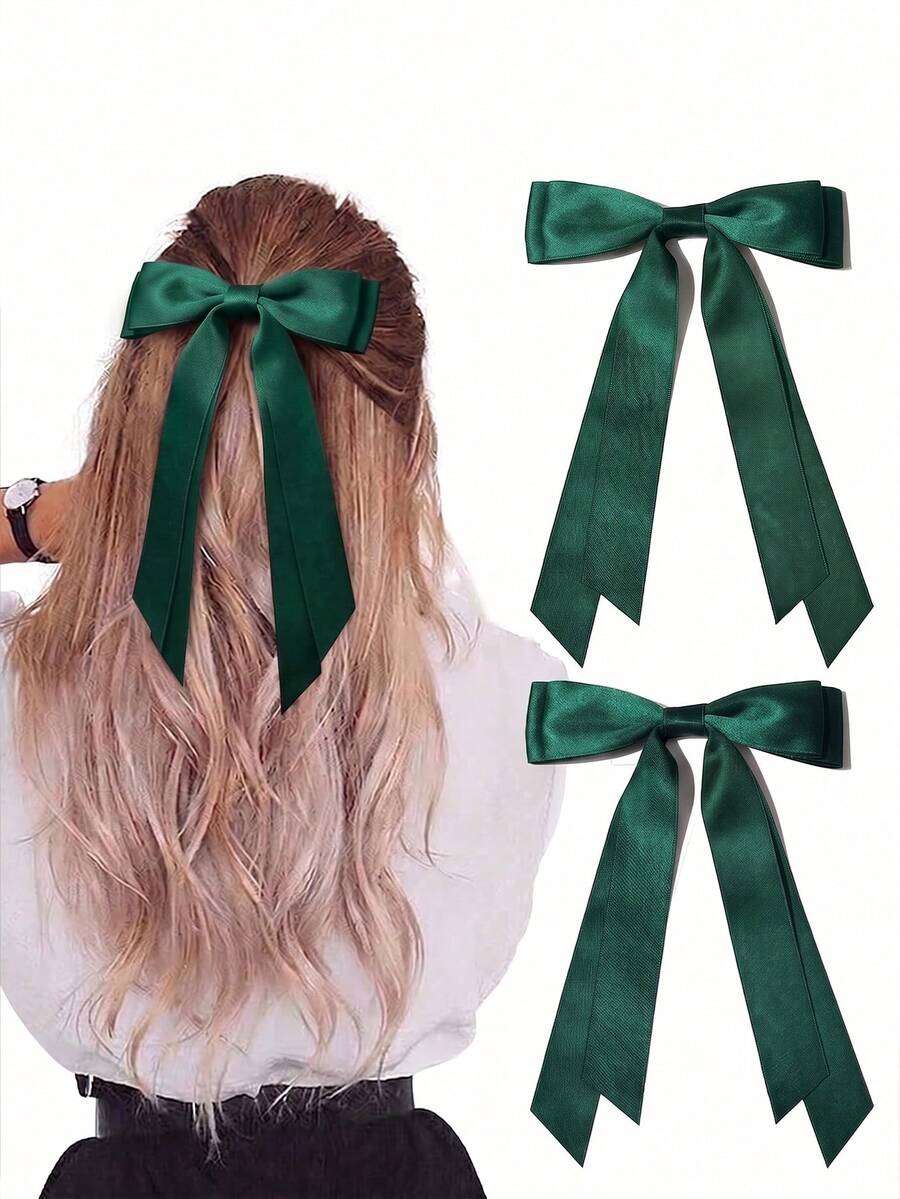 2Pcs Green Satin Hair Bows For Women Girls Silk Long Ribbon French Barrette Clip Girls Ponytail Hair Accessories Cutecore Fall - Dark Green - View 1