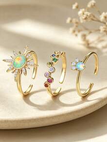 3pcs Fashion Minimalist Starburst Cubic Zirconia Open Adjustable Rings Jewelry Set For Women, Suitable For Parties, Holiday Themes, Daily Wear, Personalized Layering And Performance Accessories - 3 Pieces - View 3