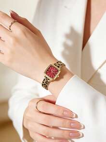SUNLIFEX 1pc Ladies' Square Retro Elegant Quartz Watch,Gold Alloy Case,Simple White/Red Dial,Leopard Print Metal Mesh Strap,Suitable For Daily Wear&Gift Giving - Red - View 5