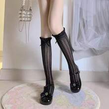 Women's Ruffle Bow Knee-High Socks, Hollow Lace Calf Socks, Sweet & Playful Style Long Socks, Suitable For Daily Wear - Multicolor - View 9
