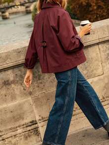 Women's Spring/Autumn New Arrival; Solid Color Lapel Collar Plaid Lining Single-Breasted Jacket, Khaki Lining; Suitable For Casual To Semi-Formal Occasions, Creating Layered Weekend Looks; Classic Design, Exquisite Details. - Burgundy - View 3