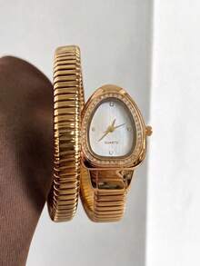 SOKI 1pc Women's Snake-Shaped Quartz Watch, Unique Cut Dial With Minimalist Rhinestone Markers, Snake-Shaped Metal Band Integrated Wrap Design. Summer Accessory, Jewelry, Suitable For Various Occasions Such As Festivals, Parties, Weddings, Back To School, Christmas, Thanksgiving, Halloween, Easter, Etc., Perfect Gift For Women - Golden White - View 2