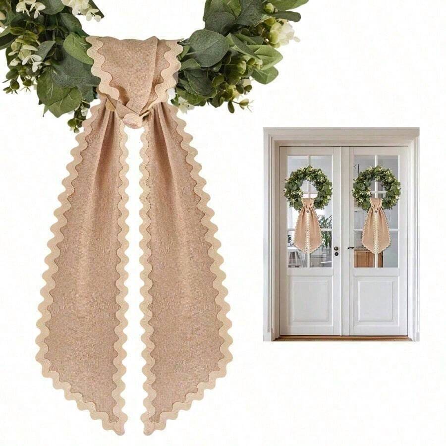 1PC Scalloped Wreath Sash For Front Door Ruffle Wreath Ribbon For Yard Porch Garland Home Decor Garden Flag Outdoor Decor Home Decor. Beautiful Ornament, Brightens Up Your Courtyard, Porch And Entrance All Year Round - Khaki - View 1