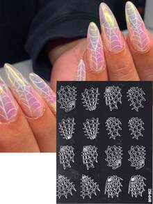 3D Hollow Spider Web Nail Art Stickers 2pcs/Pack, Halloween Gothic Style Spider Web Nail Template Design, DIY Y2K Autumn/Winter Self-Adhesive Floral Nail Decoration Stickers For Women And Girls - Clear - View 4
